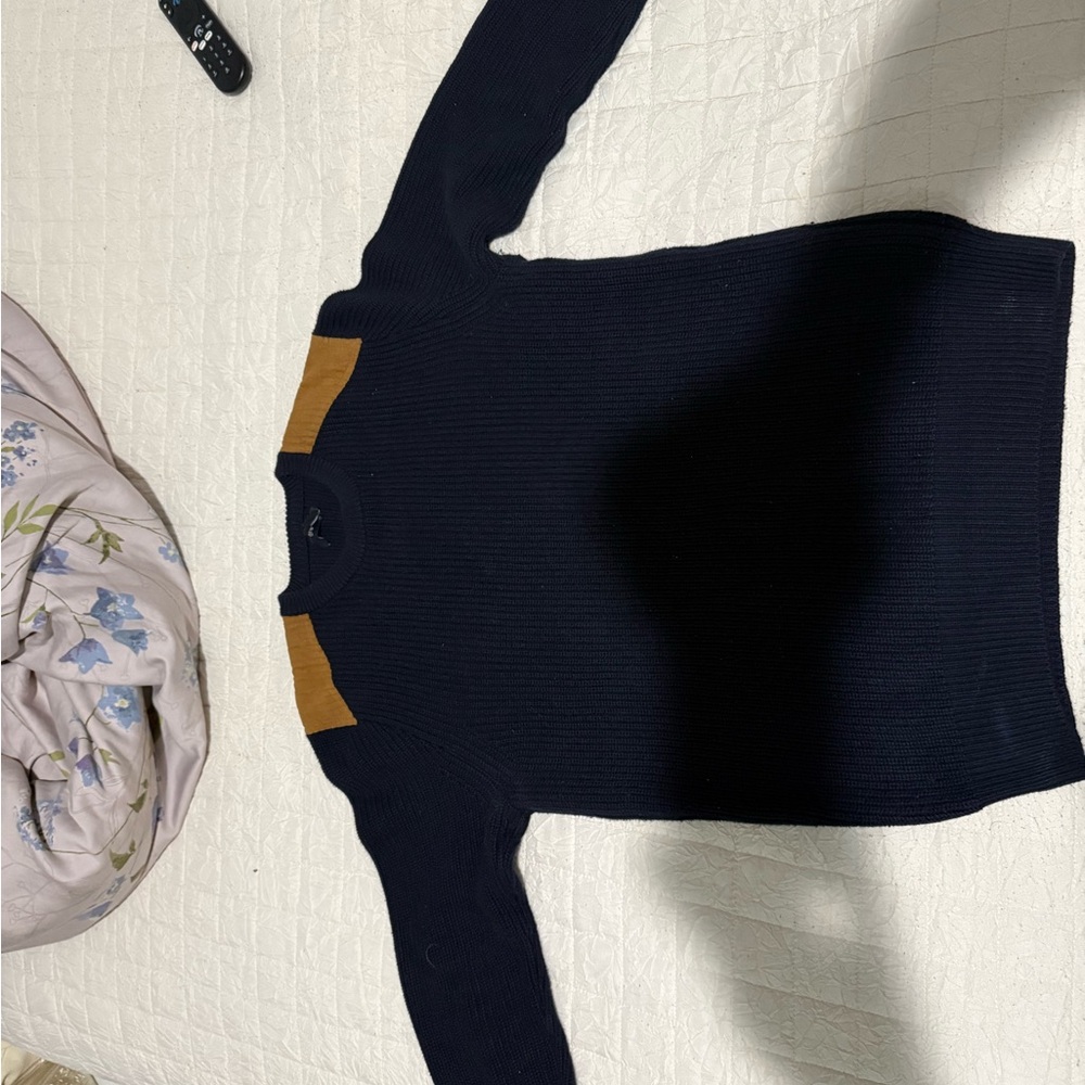 J Crew Navy Blue Sweater with Tan Accents